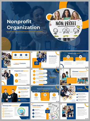 Nonprofit organization slides, with blue and orange themes, featuring sections on mission, services, and collaborations.