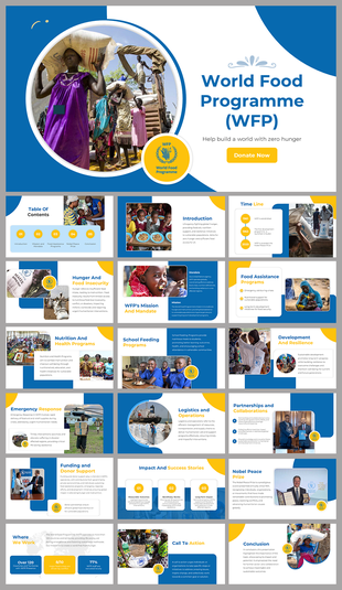Image of people carrying food sacks with world food programme text and a donate button on the right.