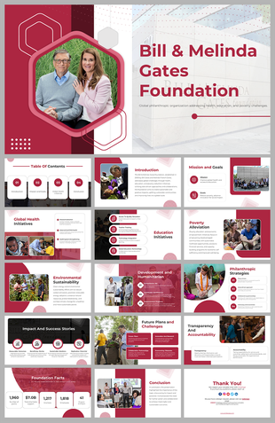 Bill and melinda gates foundation slides highlight its mission in health, education, and poverty with many layout designs.
