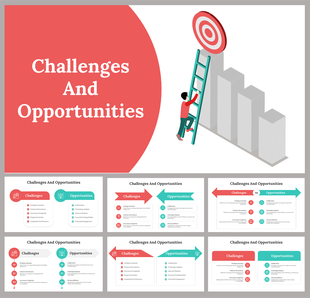 Challenges and opportunities title slides featuring a graphic of a person with various colorful designed layouts with icons.