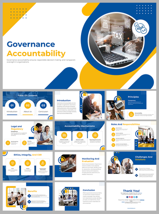 Slides on governance accountability, covering principles, roles, legal considerations, monitoring and evaluation strategies.
