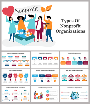 Colorful slides featuring illustrations of diverse people promoting nonprofit organizations, with various types highlighted.