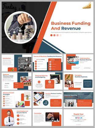 Alt: Business Funding and Revenue cover slide showing hand dropping coins into jar, growth arrow, and orange navy layout.