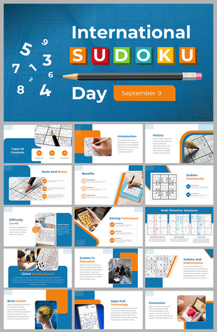 Slide deck celebrating sudoku day, featuring sections on the basics of the game, its history, benefits for mental health.