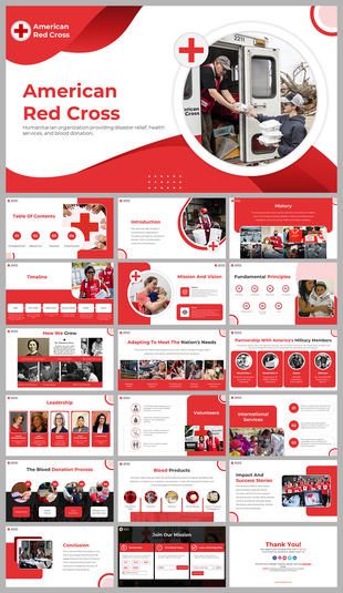 A pack of american red cross slides detailing various topics and images on a red theme with text descriptions.