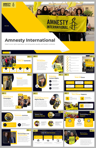 Amnesty international slides showcasing a diverse group of activists holding banners and flags yellow theme.