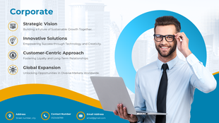 A business slide featuring a smiling man with a laptop, surrounded by icons related to corporate strategy.