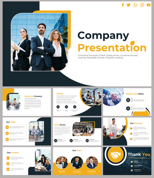 Company cover slides featuring modern layouts with yellow and black accents, professional team photos, and sections.