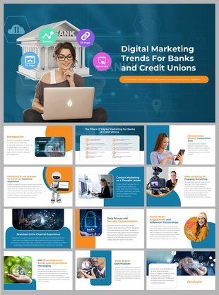 A pack of digital marketing trends for banks and credit unions slides covering various related topics with text descriptions.