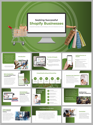 Slides detailing the steps for running a successful Shopify business, focusing on branding, and evolving with customers.