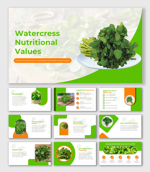 Watercress nutritional slide deck with vibrant green and orange sections detailing health benefits and nutrient breakdown.