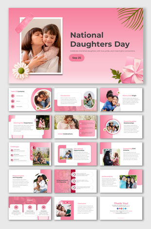 National daughters day slides with pink accents, covering the importance, global celebrations, and educational opportunities.