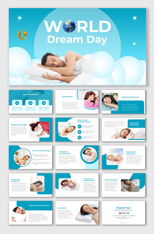 Slide pack with a blue theme, showing images of people sleeping, text sections on dreams, goals, and mental health.