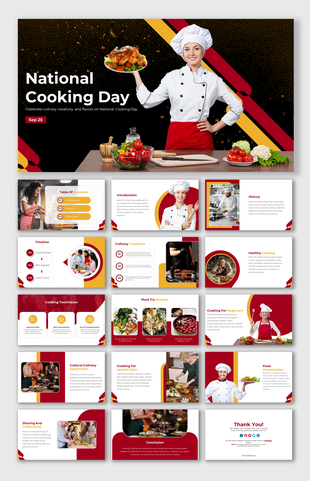 Slide deck celebrating national cooking day with culinary themes, history, traditions, and beginner-friendly cooking tips.