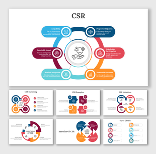 CSR slide deck with circular infographic, colorful icons, and placeholders for benefits, types, marketing, and  examples.