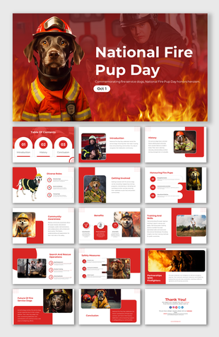 Slide deck featuring vibrant red and white tones with images of dogs in fire service uniforms in structured layouts.