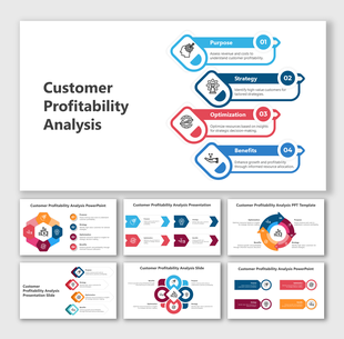 Infographic detailing key phases of customer profitability analysis slide deck with icons and color-coded segments.