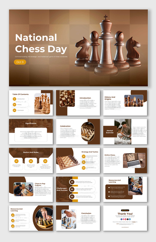Infographic for National Chess day with sections on introduction, history, significance, and strategies, featuring images.