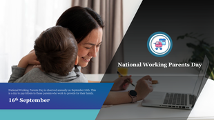 National working parents day showing a mother holding her child on a work-themed background.