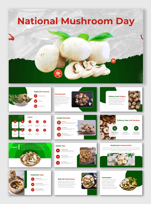 National mushroom day slide deck with sections on types, health benefits, and culinary uses, in green and white design.