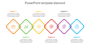 Diamond-shaped infographic with six icons connected by lines, each with placeholder text areas.