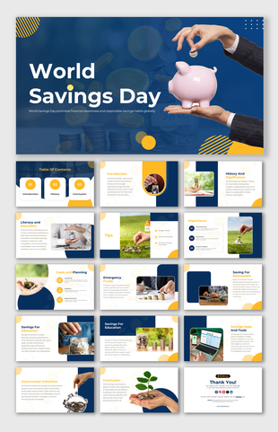 A slides for World Savings day, featuring a person saving money in a piggy bank and information on the significance.