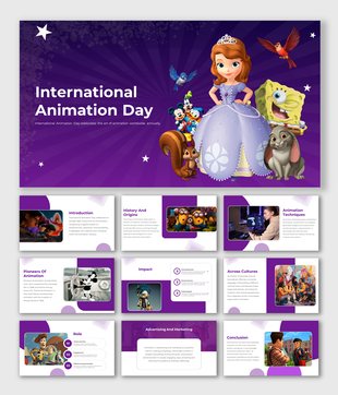 Purple themed slides highlighting International Animation day with famous characters and relevant topics.