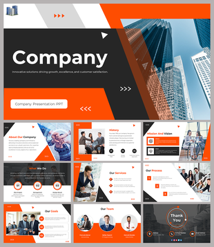 A dynamic company PowerPoint presentation template with modern slides and a corporate design.