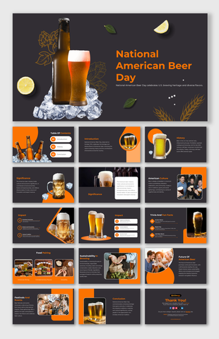 Slide deck featuring images of beer glasses, bottles, and ice on dark backgrounds with orange highlights.