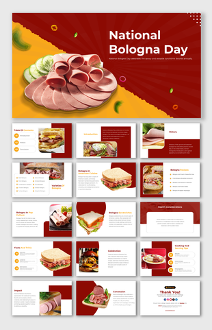  National bologna day, slide deck featuring history, varieties in American cuisine, recipe ideas, and pop culture mentions.