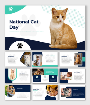 National cat day slide deck covering topics like cat history, health, care, adoption, and the human-cat bond.