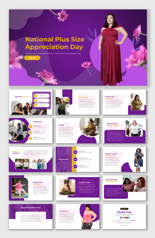 Purple themed slide deck highlighting national plus size appreciation day, featuring images and text on body positivity.