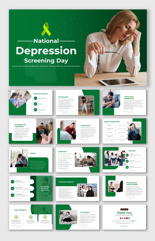 National Depression Screening day slides including sections on depression types, symptoms, and treatment options.
