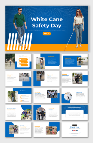 White cane safety day slide deck, showing two individuals with white canes, blue background, and a bright orange button.