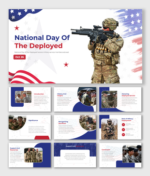 Slide deck for national day of the deployed, combining soldier imagery, star patterns, and red-white-blue themes.
