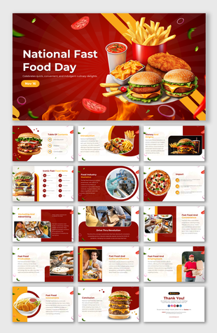 National fast food day slide deck featuring images of burgers, fries, and fast-food industry insights.
