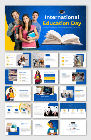 Slide deck showcasing the importance of education, global initiatives, and digital learning tools, in blue and yellow accent.