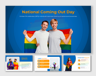 National coming out day slides featuring blue color theme, focusing images of pride flags and text on identity and support.