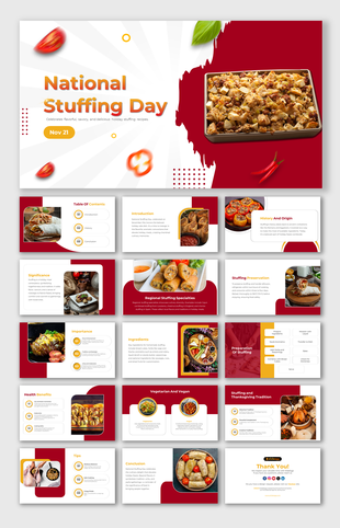National stuffing day slides, with sections on stuffing history, recipes, ingredients, and health benefits, with red accents.