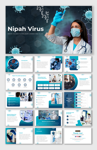 Teal themed slide deck with images of healthcare professionals, illustrations, and sections on Nipah virus symptoms.
