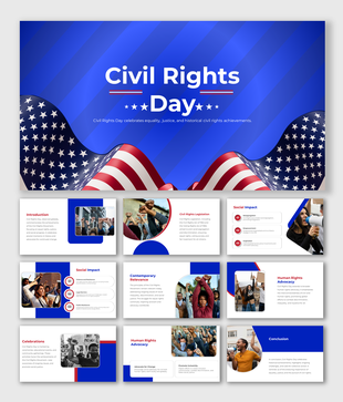 Civil rights day slide deck featuring blue theme, American flag visuals, and sections on legislation, advocacy, and impact.