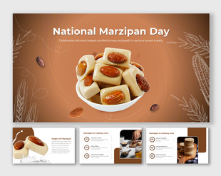 Slide deck featuring almond based marzipan pieces with brown background and food themed design elements.