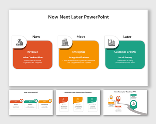 A Now, Next, Later PowerPoint slides with different colorful layout designs and icons on a white backdrop.