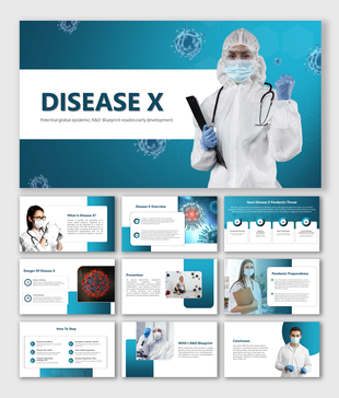 Slide deck on disease X, including overviews, prevention, and preparedness, with virus illustrations in blue theme.
