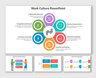 Work Culture PowerPoint slides highlighting key elements in different layout designs and icons with descriptions.