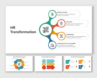 HR transformation slides showcasing the key elements with icons and different layout designs.