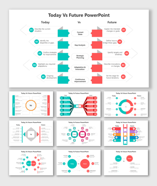 Today vs future slide deck showcasing layouts with colored elements for contrasting current and future strategies.