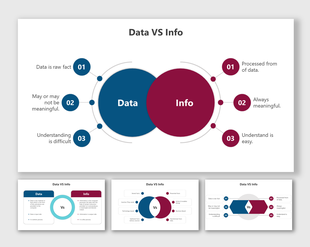 Colorful venn diagram slides comparing data and information showing differences between data and info in different layouts.