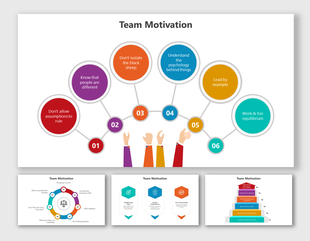 Slide pack with colorful bubbles, circular flow, hexagonal charts, and a pyramid model showing team motivation concepts.