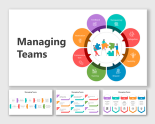 Managing team slide deck including circular and linear layouts highlighting teamwork elements.